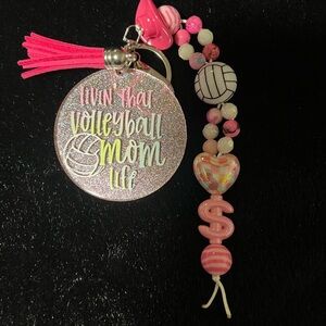 Volleyball Mom Acrylic Keychain with Pink Beads Handmade